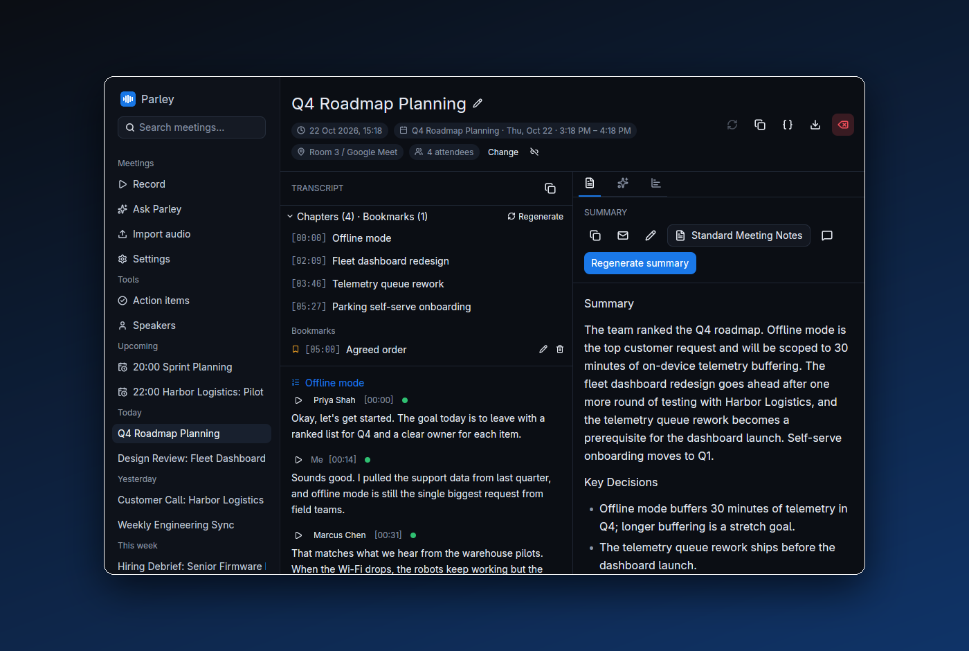 Parley showing a meeting with its transcript, chapters and AI summary