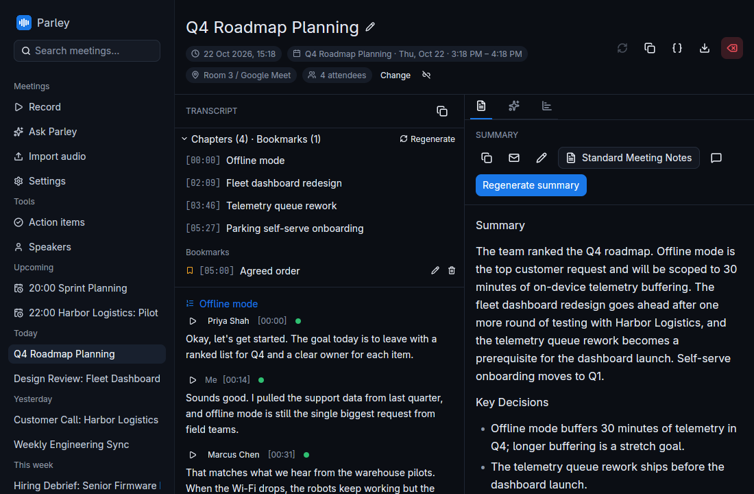 Parley showing a meeting: chapters and transcript on the left, an AI summary with key decisions on the right